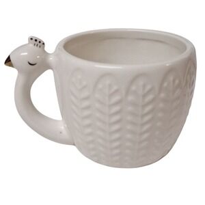 Opalhouse White Peacock Stoneware Mug 3D Figural Handle‎ Textured Gold Accents